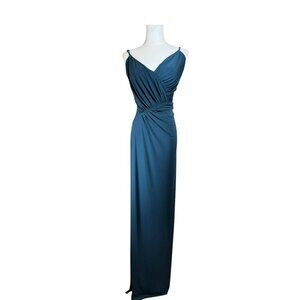 Katie May Drape Jersey Teal Gown V-Neck High Slit Maxi Dress Medium M